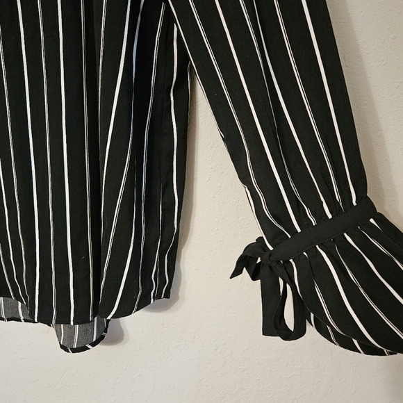 Dalia Black and White Vertical Pin Stripe Top with Bell Sleeves - Picture 2 of 6
